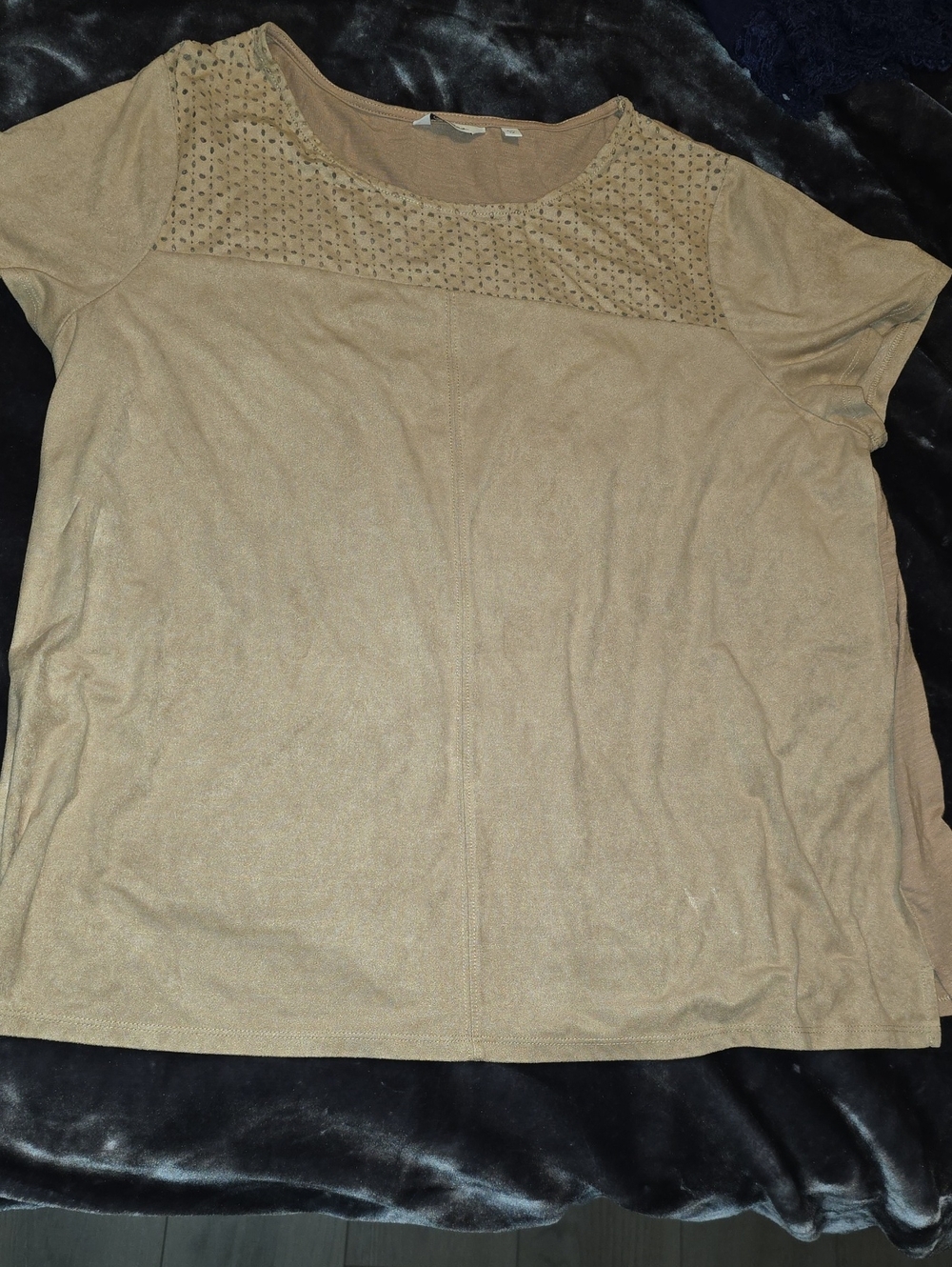 Reitmans Short Sleeve Scoop Neck Top in Tan with Studded Yoke